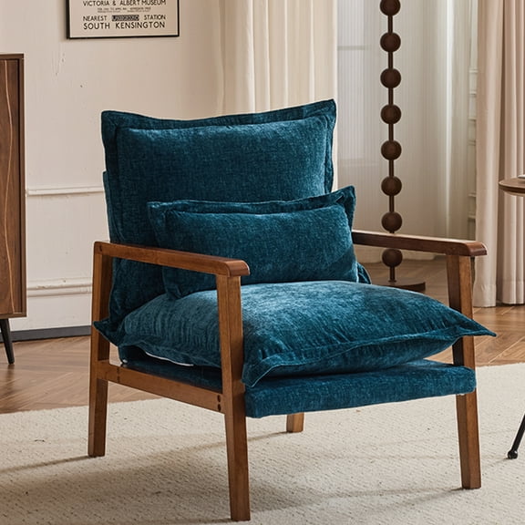 Ktaxon Chenille Accent Chair, Solid Wood Armrests Armchair, Metal Frame for Stability, Single Sofa with Comfortable Cushions and Lumbar Pillow Blue-Green