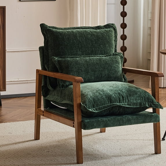 Ktaxon Chenille Accent Chair, Solid Wood Armrests Armchair, Metal Frame for Stability, Single Sofa with Comfortable Cushions and Lumbar Pillow Dark Green