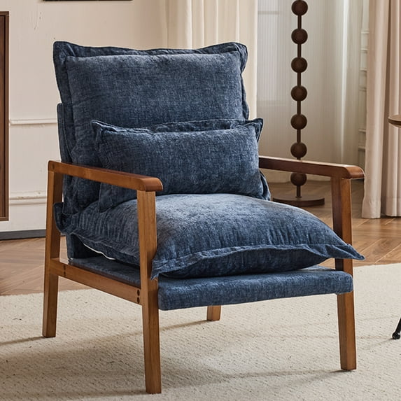 Ktaxon Chenille Accent Chair, Solid Wood Armrests Armchair, Metal Frame for Stability, Single Sofa with Comfortable Cushions and Lumbar Pillow Gray-Blue