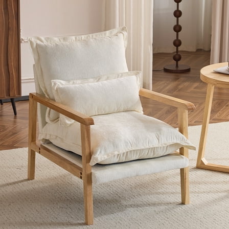 Ktaxon Chenille Accent Chair, Solid Wood Armrests Armchair, Metal Frame for Stability, Single Sofa with Comfortable Cushions and Lumbar Pillow Beige