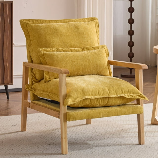 Ktaxon Chenille Accent Chair, Solid Wood Armrests Armchair, Metal Frame for Stability, Single Sofa with Comfortable Cushions and Lumbar Pillow Yellow
