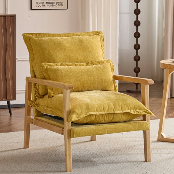 Ktaxon Chenille Accent Chair, Solid Wood Armrests Armchair, Metal Frame for Stability, Single Sofa with Comfortable Cushions and Lumbar Pillow Yellow