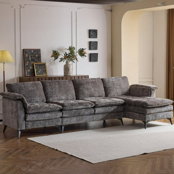 Ktaxon Chenille L-Shaped Sofa, 130" Oversized Double Layered Cushions Couch, Elephant Ear Armrests, Metal Legs, Four-Seater Living Room Sleeper Set with Chaise Gray