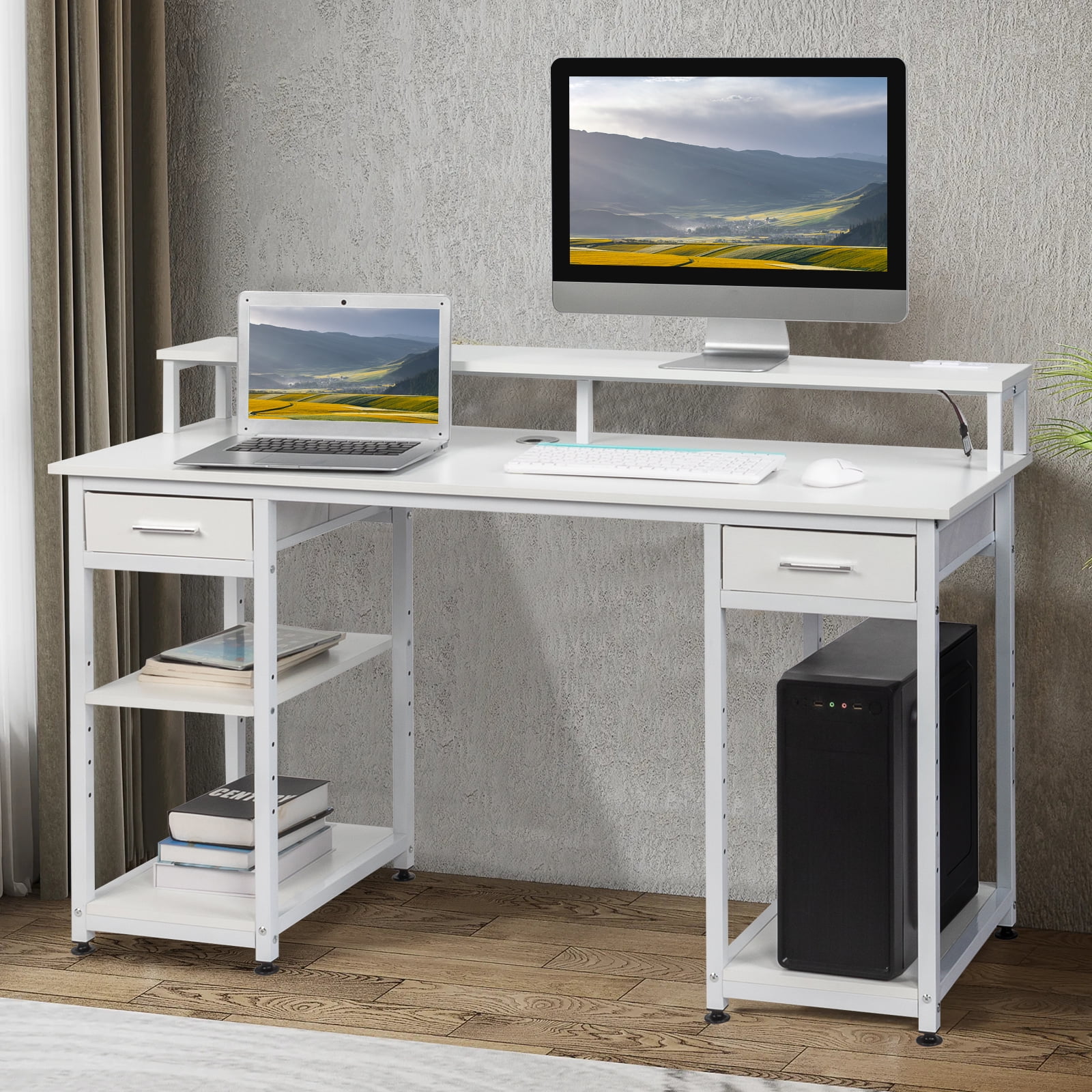 Ktaxon Chipboard Computer Desk with 2 Drawers&3 shelves, 2 Power ...