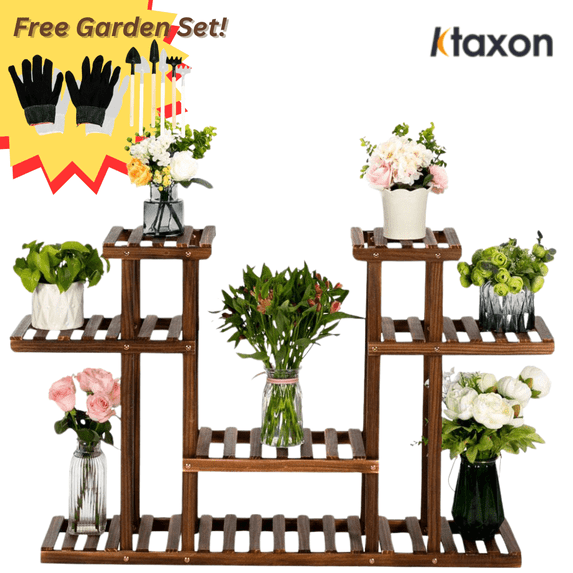 Ktaxon Clearance 8-Tier Plant Stand, with Free Gloves Wood Flower Stand for Garden, Balcony, Patio, Living Room, for Indoors & Outdoors