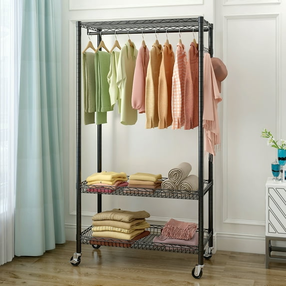 Ktaxon Clothes Rack, Heavy Duty Garment Rack Hanging Clothes Rack with Shelf Clothes Hanging Rods Hook Adjustable Height Steel Black
