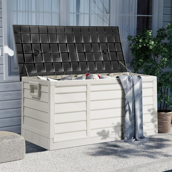 Ktaxon Collapsible 75gal Outdoor Garden Plastic Storage Deck Box Easy Set Up,Space Saving,New Generation of Upgraded Storage Container,White