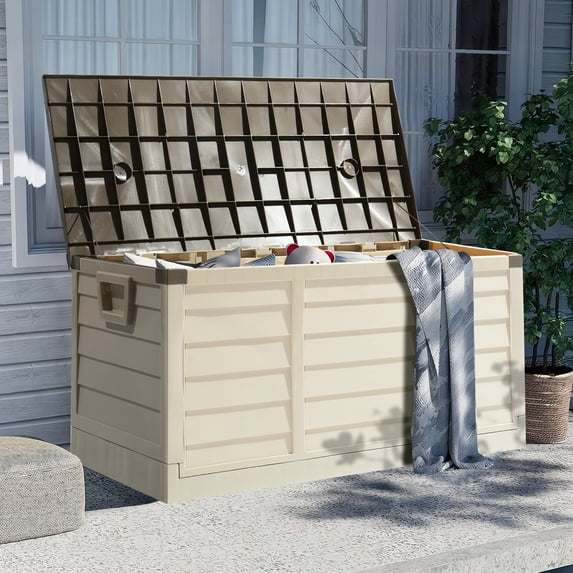 Ktaxon Collapsible 80gal Outdoor Garden Plastic Storage Deck Box Easy Set Up,Space Saving,New Generation of Upgraded Storage Container,Brown