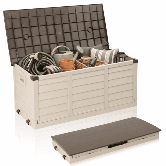 Ktaxon Collapsible 75gal Outdoor Garden Plastic Storage Deck Box Easy Set Up,Space Saving,New Generation of Upgraded Storage Container,Brown