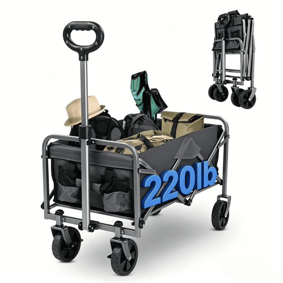 Ktaxon Collapsible Wagon Cart Foldable, Heavy Duty Folding Wagon with All-Terrain Wheels, Portable Beach Camping Shopping Garden Cart, 220LBS, Gray
