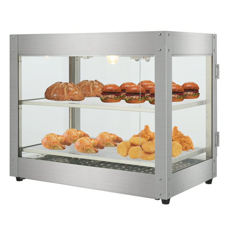 Ktaxon Commercial Food Warmer Display 2-Tier 800W Electric Bun Warmer Display Tempered-Glass Door Pastry Display Case with 2 Trays and 1 Bread Tong