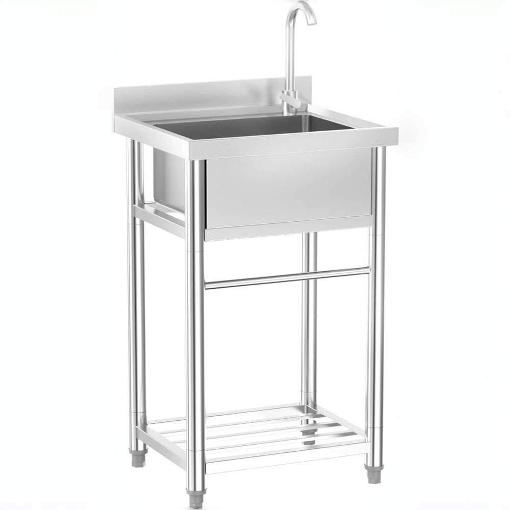 Ktaxon Compact Stainless Steel Freestanding Utility Sink with Faucet & Storage Shelf, Deep Single Bowl Wash Basin for Laundry, Garage & Outdoor Use, 21.6"D x 19.6"W x 36.9"H
