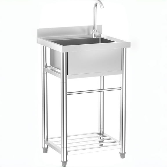 Ktaxon Compact Stainless Steel Freestanding Utility Sink with Faucet & Storage Shelf, Deep Single Bowl Wash Basin for Laundry, Garage & Outdoor Use, 21.6"D x 19.6"W x 36.9"H