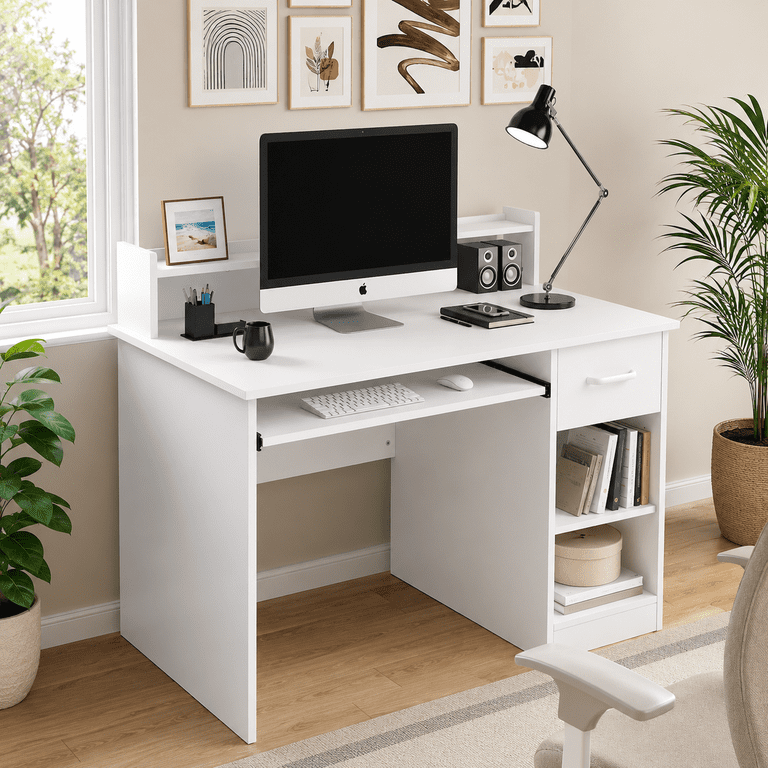 Ktaxon Computer Desk, White E1 15MM Chipboard, Drawer and Shelf