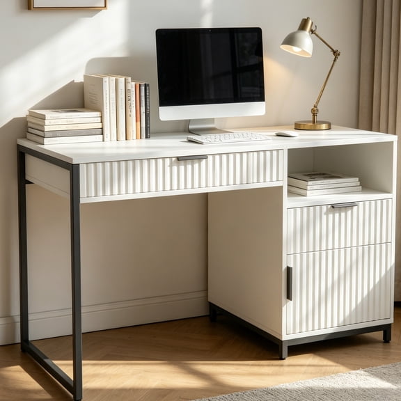 Ktaxon Computer Desk with Drawers, Home Office Desk Workstation with Storage Shelves, Studying Writing Table, White