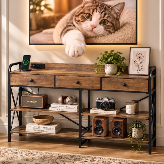 Ktaxon 55" Modern TV Stand with Charging Station Outlets for 32/43/50/55/58" TVs, Bedroom Dresser with 3 Fabric Drawers & 3 Tiers Storage Shelves, Vintage Brown