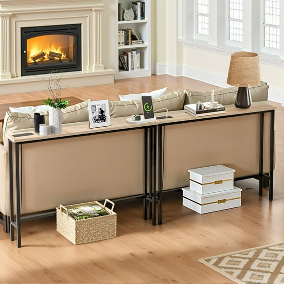 Ktaxon Long 79" Console Table Sofa Table with 2 Charging Outlets, Industrial Entryway Table TV Stand Storage Shelves, Walnut