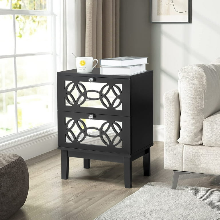 Ktaxon Contemporary Mirror Front 2 Drawer Nightstand Black