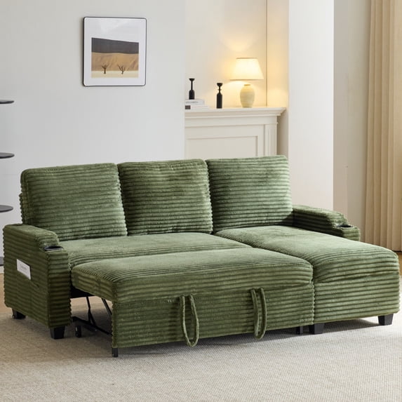 Ktaxon Convertible Sectional Sofa Bed, L‑Shaped Sleeper Couch with Storage Chaise, USB Port & Cup Holders, for Living Room Apartment Small Space Corduroy, Green