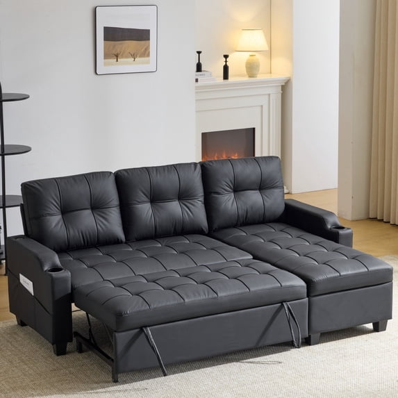 Ktaxon Convertible Sectional Sofa Bed, L‑Shaped Sleeper Couch with Storage Chaise, USB Port & Cup Holders, for Living Room Apartment Small Space PU, Black