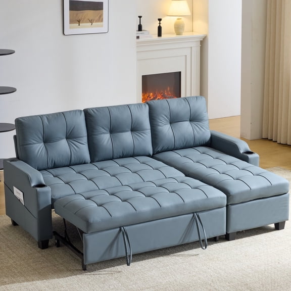 Ktaxon Convertible Sectional Sofa Bed, L‑Shaped Sleeper Couch with Storage Chaise, USB Port & Cup Holders, for Living Room Apartment Small Space PU, Gray-Blue