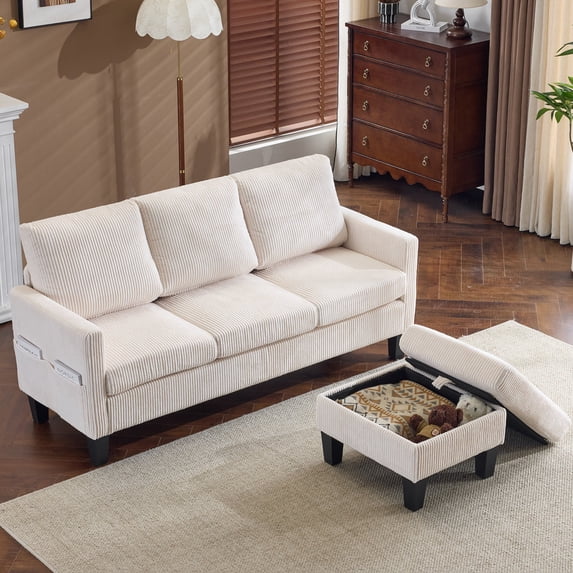 Ktaxon Convertible Sectional Sofa, L Shaped Couch with Storage Ottoman, Corduroy 3-Seater Couch for Small Space Living Room Beige