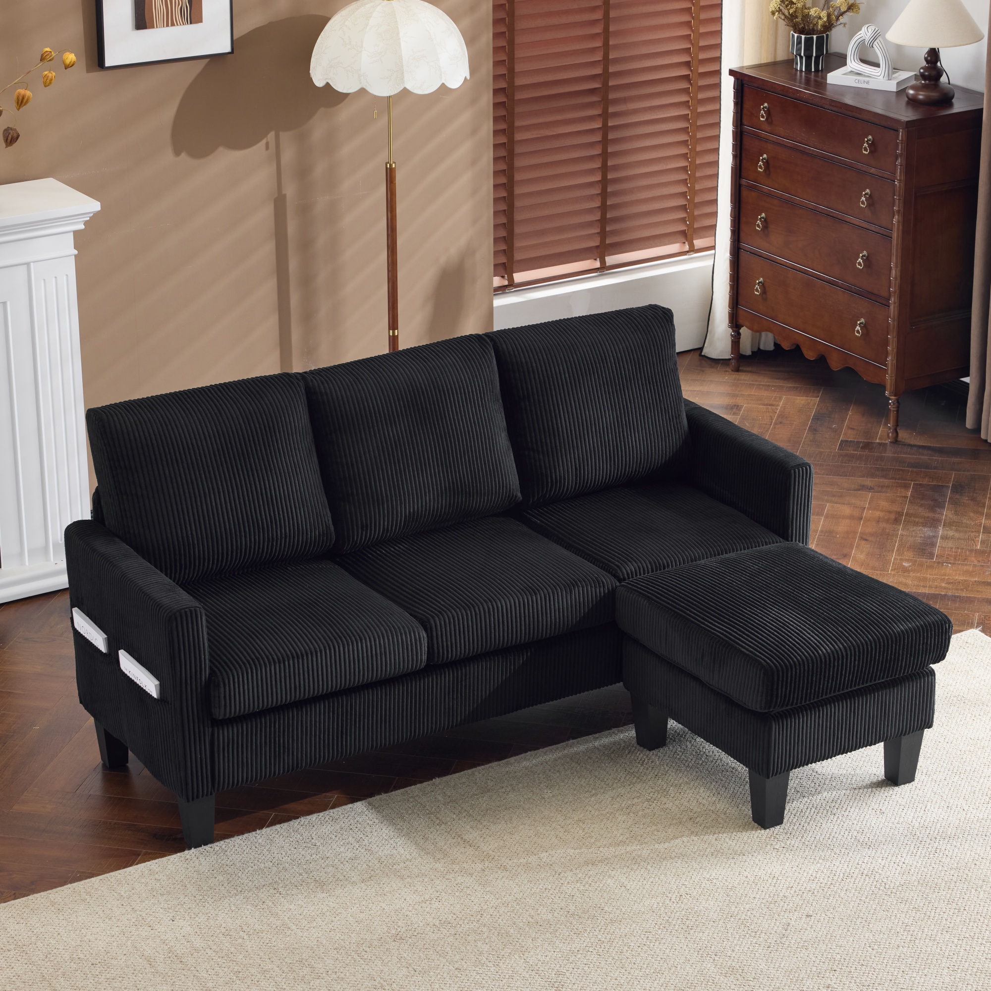 Ktaxon Convertible Sectional Sofa, L Shaped Couch with Storage Ottoman, Corduroy 3-Seater Couch for Small Space Living Room Black