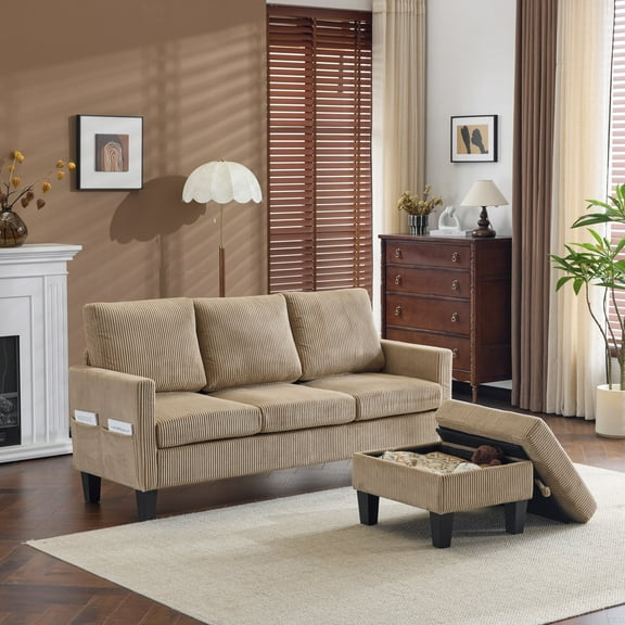 Ktaxon Convertible Sectional Sofa, L Shaped Couch with Storage Ottoman, Corduroy 3-Seater Couch for Small Space Living Room Khaki