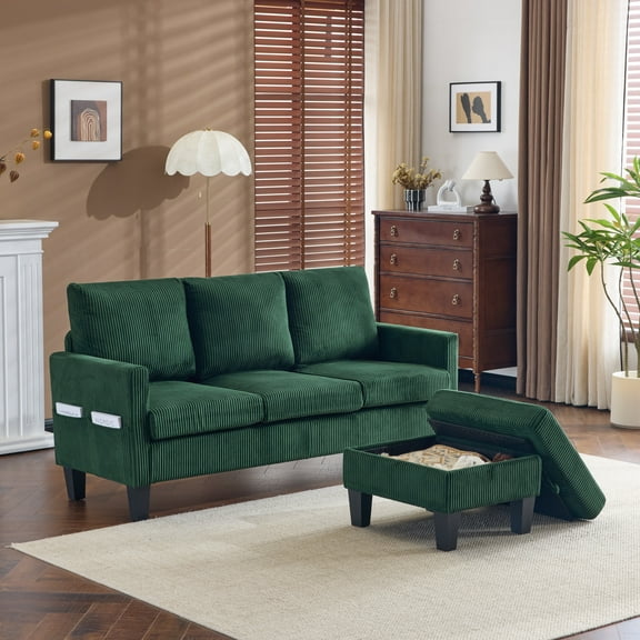 Ktaxon Convertible Sectional Sofa, L Shaped Couch with Storage Ottoman, Corduroy 3-Seater Couch for Small Space Living Room Light Dark Green