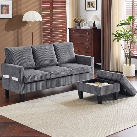 Ktaxon Convertible Sectional Sofa, L Shaped Couch with Storage Ottoman, Corduroy 3-Seater Couch for Small Space Living Room Light Gray