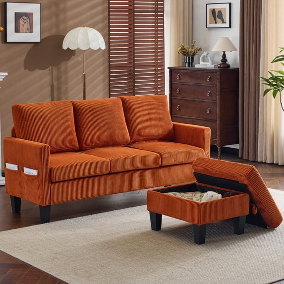 Ktaxon Convertible Sectional Sofa, L Shaped Couch with Storage Ottoman, Corduroy 3-Seater Couch for Small Space Living Room Orange