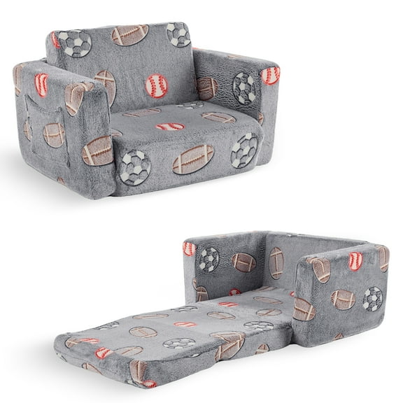 Ktaxon Convertible Sofa for Little Ones, 2-in-1 Toddler Couch with Side Pockets, Flannel Foldable Nap Lounge for Playroom or Bedroom Gray-Blue