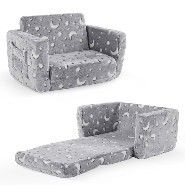 Ktaxon Convertible Sofa for Little Ones, 2-in-1 Toddler Couch with Side Pockets, Flannel Foldable Nap Lounge for Playroom or Bedroom Light Gray