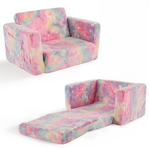 Ktaxon Convertible Sofa for Little Ones, 2-in-1 Toddler Couch with Side Pockets, Flannel Foldable Nap Lounge for Playroom or Bedroom Pink