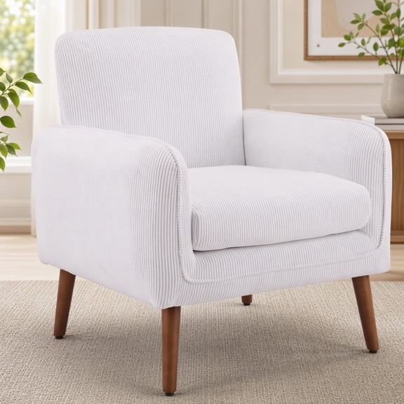 Ktaxon Corduroy Accent Chair, 6.1-Inch Thick Cushion Reading Armchair with Pillow-Style Backrest and Solid Wood Legs, White
