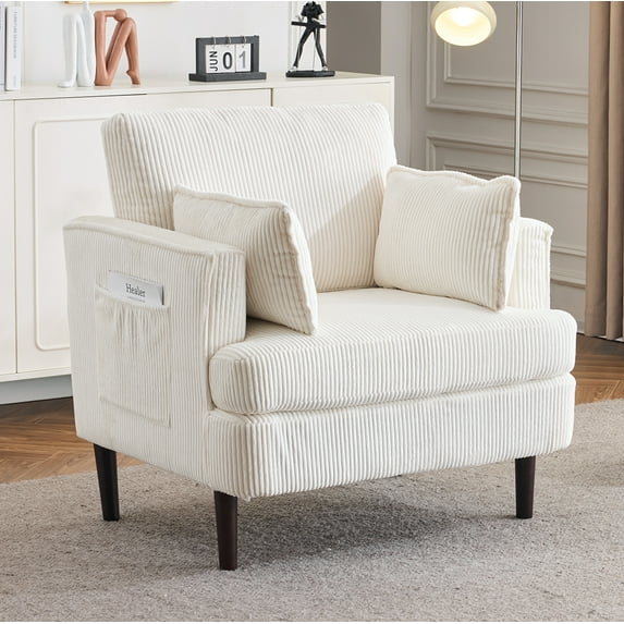 Ktaxon Corduroy Accent Chair, Reading Chair with Rubberwood Legs, Sofa with Armrest Pockets, Two Armrest Pillows, Thick Cushions, for Home Office Beige