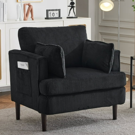 Ktaxon Corduroy Accent Chair, Reading Chair with Rubberwood Legs, Sofa with Armrest Pockets, Two Armrest Pillows, Thick Cushions, for Home Office Black