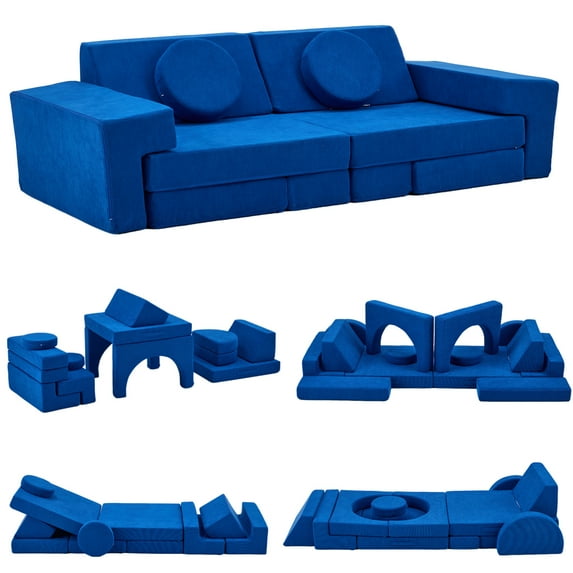 Ktaxon Corduroy Kids Toddler Couch 14PCS Modular Sofa Set, Convertible Play Couch for Living Room, Playroom, or Bedroom Blue
