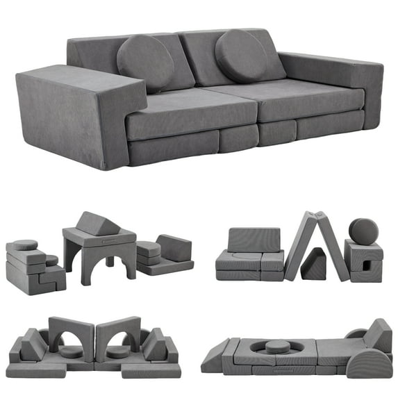 Ktaxon Corduroy Kids Toddler Couch 14PCS Modular Sofa Set, Convertible Play Couch for Living Room, Playroom, or Bedroom Gray