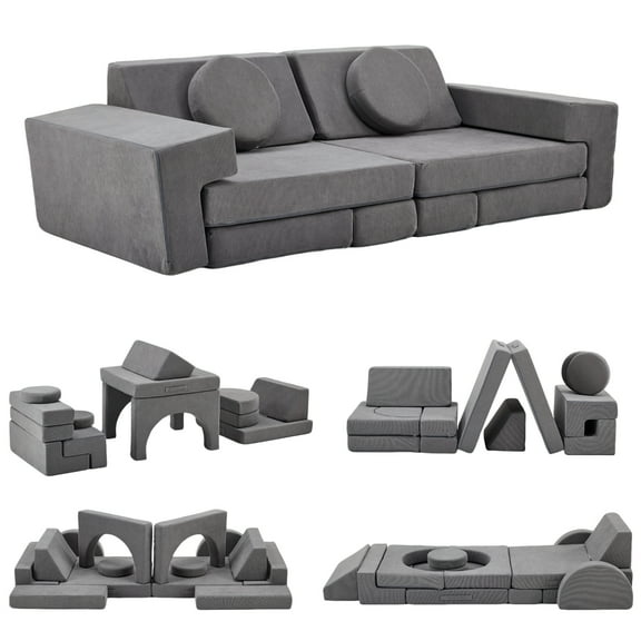 Ktaxon Corduroy Kids Toddler Couch 14PCS Modular Sofa Set, Convertible Play Couch for Living Room, Playroom, or Bedroom Gray