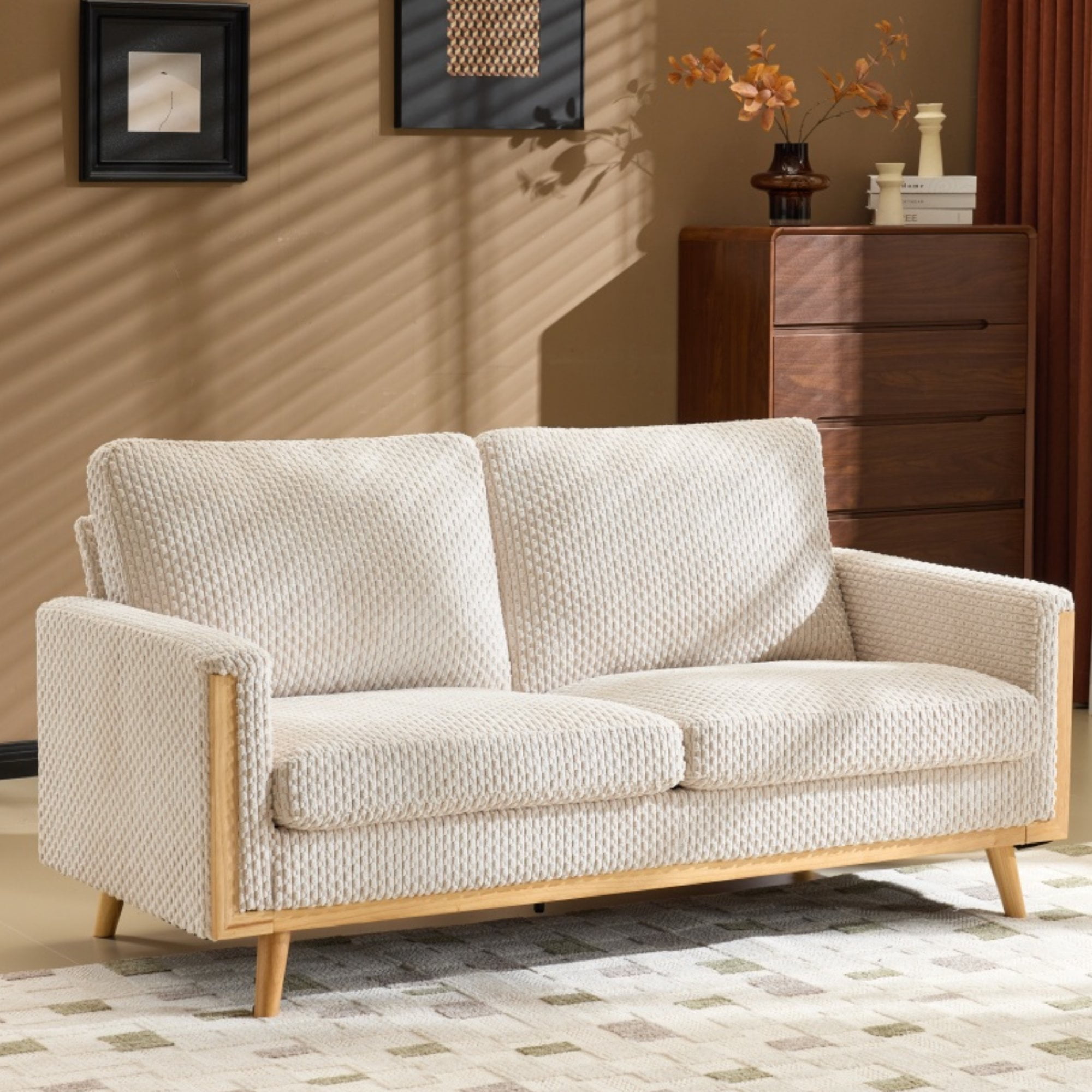 Ktaxon Corduroy Loveseat Sturdy Build, 2 Seater Sofa Solid Wood Frame, Living Room Couch Deep Seat for Small Space Apartment Home Beige