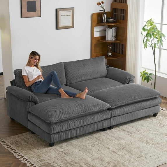 Ktaxon Corduroy Sofa Bed with Removable Ottoman, 90" Oversized Loveseat with Double Layer Cushions, Pillow Arms, Wood-Grain Legs for Living Room Bedroom Gray