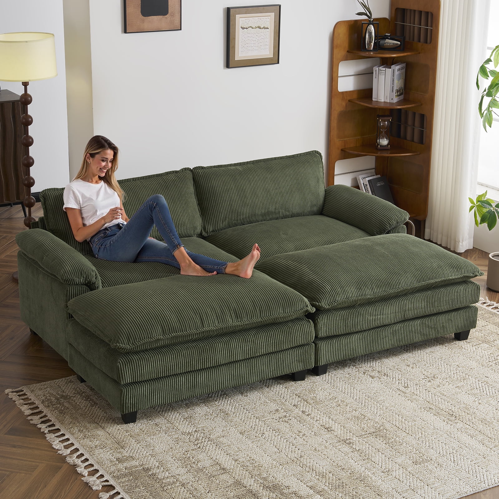 Ktaxon Corduroy Sofa Bed with Removable Ottoman, 90" Oversized Loveseat with Double Layer Cushions, Pillow Arms, Wood-Grain Legs for Living Room Bedroom Green