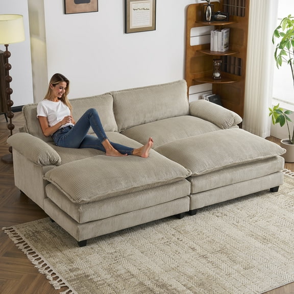 Ktaxon Corduroy Sofa Bed with Removable Ottoman, 90" Oversized Loveseat with Double Layer Cushions, Pillow Arms, Wood-Grain Legs for Living Room Bedroom Khaki