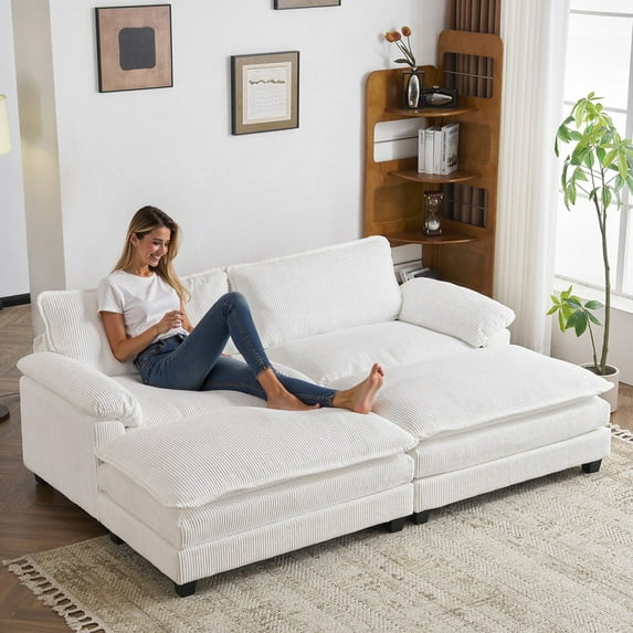 Ktaxon Corduroy Sofa Bed with Removable Ottoman, 90" Oversized Loveseat with Double Layer Cushions, Pillow Arms, Wood-Grain Legs for Living Room Bedroom Off White