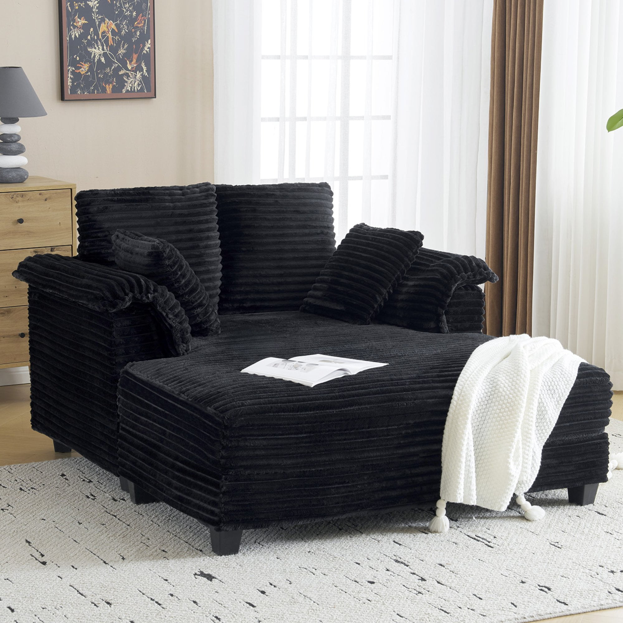 Ktaxon Corduroy Sofa Bed, Upholstered Comfy Sleeper with Pillow Arms, Lounge Chair with Lumbar Support Pillows, Ideal for Small Spaces Black