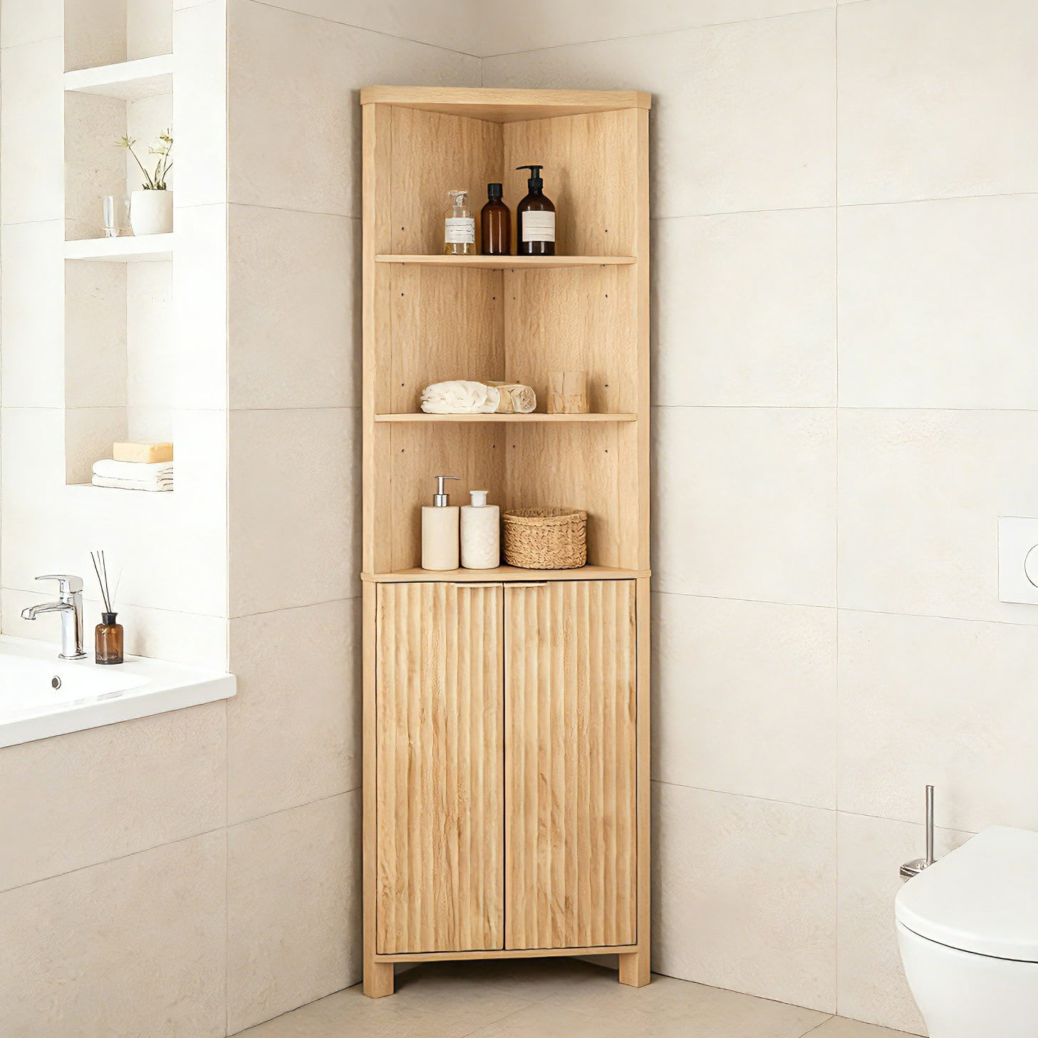 Ktaxon Corner Bathroom Cabinet with Fluted Double - doors, 5 - Tier Freestanding Storage, Oak