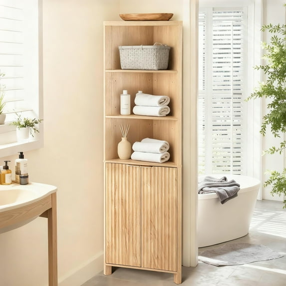 Ktaxon Corner Bathroom Cabinet with Fluted Double - doors, 5 - Tier Freestanding Storage, Oak