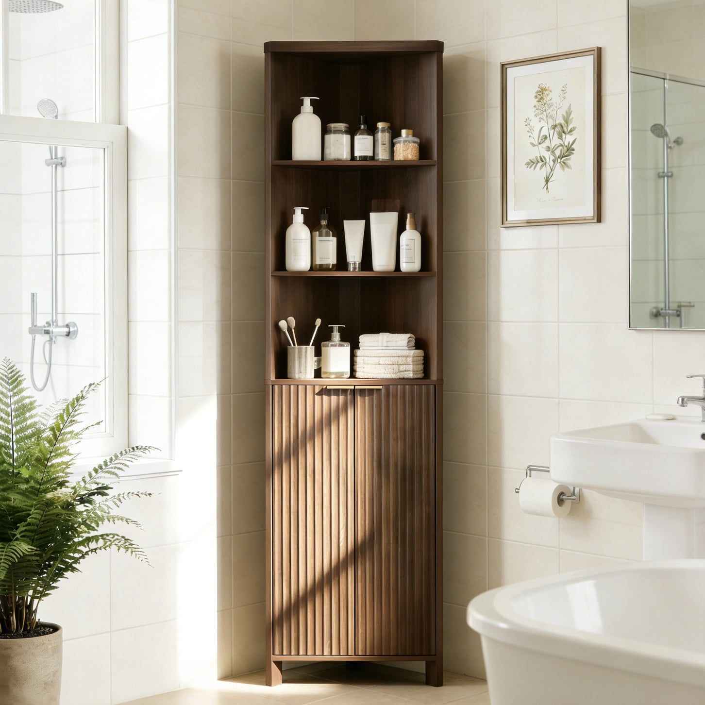Ktaxon Corner Bathroom Cabinet with Fluted Double - doors, 5 - Tier Freestanding Storage, Walnut