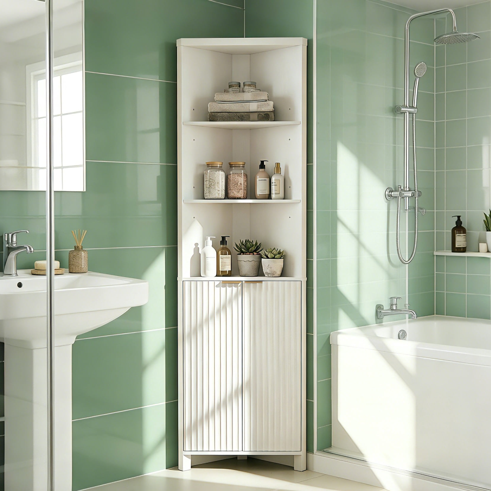 Ktaxon Corner Bathroom Cabinet with Fluted Double - doors, 5 - Tier Freestanding Storage, White